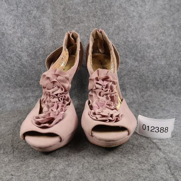 Qupid Shoes Womens 7 High Heel Platform Pumps Peep Toe Ruffle T Strap Back Zip - Picture 2 of 14